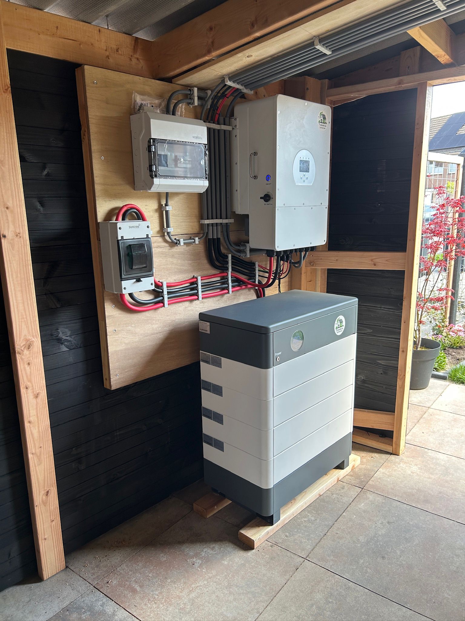 Deye hybride omvormer met stapelbare LiFePO4 thuisaccu en kleine verdeelkast in een bijgebouw